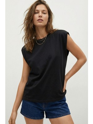 elemge Premium %100 Pamuk Süprem Tok Kumaş Kadın Oversize Siyah T-Shirt Geniş Omuzlu Dökümlü Kolsuz Bol Kalıp Basic Tişört
