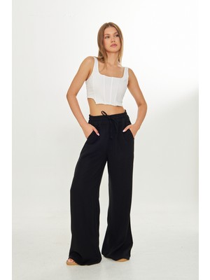 Camenta Tensel Dökümlü Siyah Palazzo Pantolon