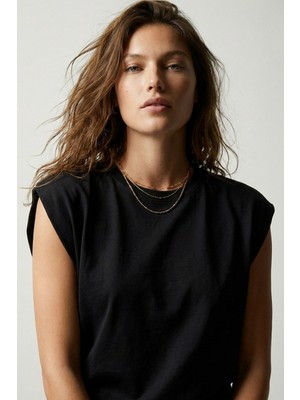 elemge Premium %100 Pamuk Süprem Tok Kumaş Kadın Oversize Siyah T-Shirt Geniş Omuzlu Dökümlü Kolsuz Bol Kalıp Basic Tişört