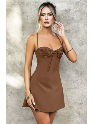 Pileli Store Pilelistore- Pilelistore Özel Tasarım Ince Askılı Sırt Dekolteli Kahverengi Mini Saten Gecelik