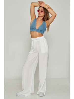 Camenta Tensel Dökümlü Beyaz Palazzo Pantolon