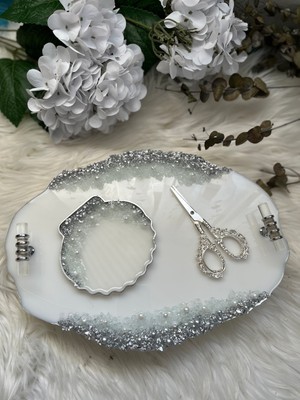 Epoksi Tepsi Nişan Tepsisi Taş+Incili 3 Parça Gümüş