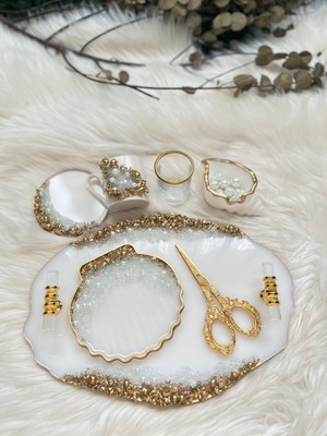 Epoksi Tepsi Nişan + Damat Tepsi Seti Taşlı ve Incili Gold