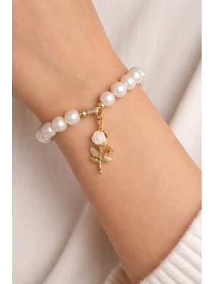 Maison Perle Jewelry White Roses - Beyaz Gül Motifli AAA Kalite İnci Bileklik