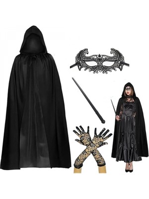 MiraLive 120 cm Kapüşonlu Siyah Pelerin + Asa + Dantel Maske + Uzun Dantel Siyah Eldiven Kostüm Seti