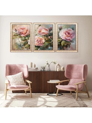 Bestablo 3 Parça Pembe Güller Eskitme Çerçeveli Ahşap Tablo Seti, Ev Dekoru