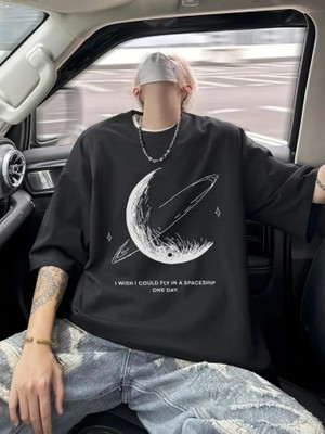 Marsilyan Baskılı Oversize Bisiklet Yaka T-Shirt - Siyah