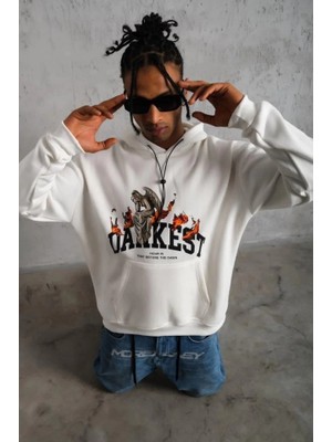 Marsilyan Erkek Oversize Kapüşonlu Sweatshirt – Beyaz Renk Üç Iplik Içi Pamuklu Kanguru Cepli Baskıl