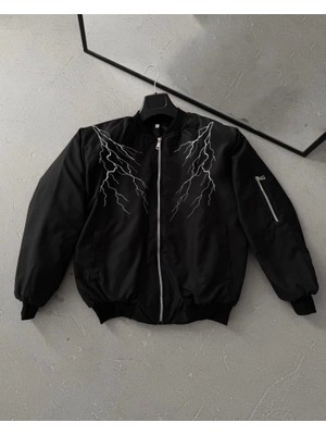 Marsilyan Yıldırım Baskılı Uzun Kol Bomber Ceket - Siyah