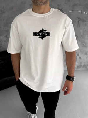 Marsilyan Unisex Bisiklet Yaka Baskılı Double Oversize T-Shirt - Beyaz