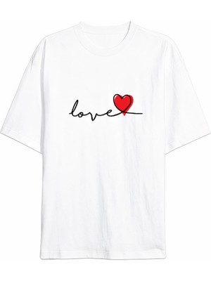 Marsilyan Sevgililer Günü Için Özel Tasarım Love Baskılı T-Shirt - Beyaz