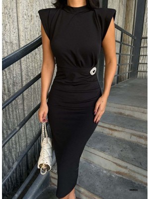 Marsilyan Kadın Bisiklet Yaka Vatkalı Broş Detay Kısa Kol Midi Boy Elbise