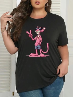 Marsilyan Pembe Panter Baskılı Oversize Bisiklet Yaka T-Shirt - Beyaz