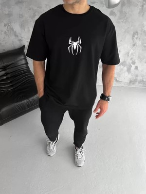 Marsilyan Unisex Bisiklet Yaka Baskılı Oversize T-Shirt - Siyah