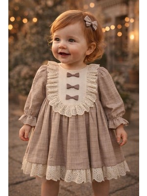 Danuna Kids Kız Bebek Çocuk Fisto Detaylı Fiyonklu Yakalı  Pamuk Astarlı  Uzun Kollu Vintage  Elbise / Özel Gün Doğum Günü
