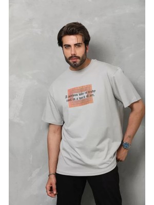 Marsilyan Unisex Bisiklet Yaka Baskılı Oversize T-Shirt - Gri