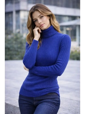 Marsilyan Balıkcı Yaka Bağazlı Triko Kazak Pamuklu Kalın Fitilli Dokuma - Indigo