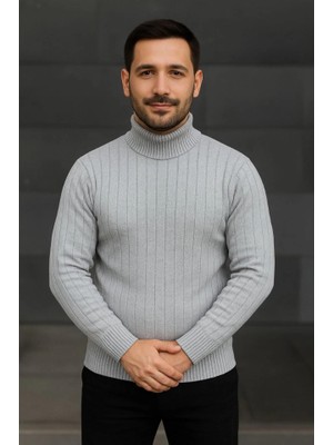 Marsilyan Erkek Balıkcı Yaka Bağazlı Triko Kazak Pamuklu Kalın Fitilli Dokuma, Regular Fit Uzun Kollu Kı