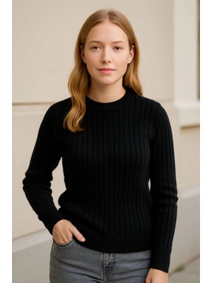 Marsilyan Bisiklet Yuvarlak Yaka Triko Kazak Pamuklu Kalın Fitilli Dokuma, Regular Fit Uzun Kollu Kışlık M