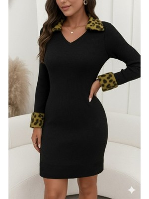 Marsilyan Kadın Uzun Kollu V Yakalı Kürk Detaylı Kaşkorse Elbise