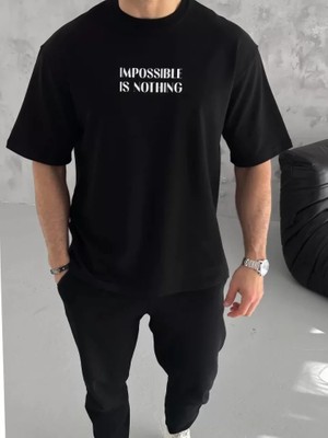 Marsilyan Unisex Bisiklet Yaka Baskılı Oversize T-Shirt - Siyah