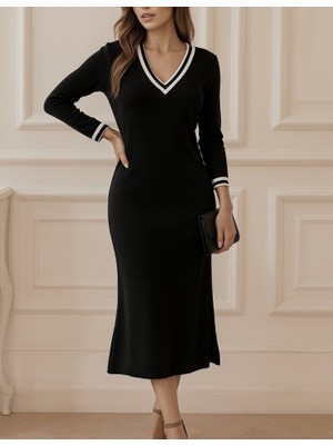 Marsilyan Kadın Uzun Kollu V Ribana Yakalı Yanlardan Yırtmaçlı Midi Viskon Iki Iplik Elbise