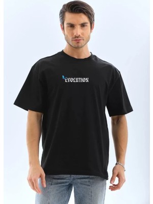 Marsilyan Unisex Bisiklet Yaka Baskılı Oversize T-Shirt - Siyah