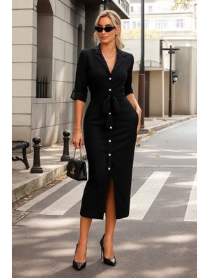 Marsilyan Kadın Uzun Kollu Önden Düğmeli Beli Kuşaklı Aerobin Midi Elbise