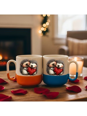 Finka Dekor 2'li Birbirine Sarılan Sevimli Kirpiler Tasarımlı Kupa Bardak-Sevgililer Gününe Özel