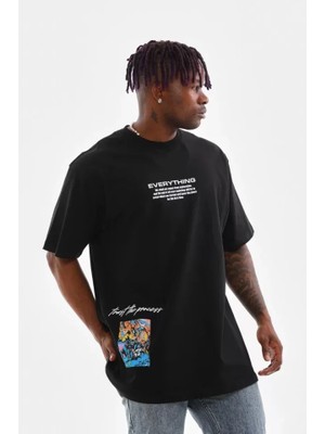 Marsilyan Unisex Bisiklet Yaka Baskılı Oversize T-Shirt - Siyah