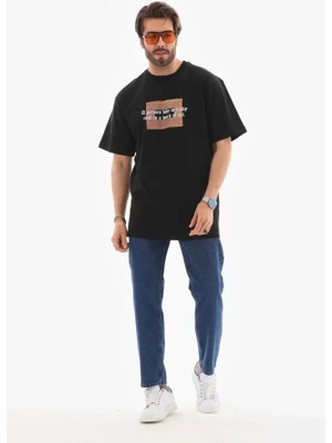 Marsilyan Unisex Bisiklet Yaka Baskılı Oversize T-Shirt - Siyah