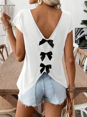 Marsilyan Kadın Kısa Kollu V Yakalı Arkadan Kurdele Detaylı Viskon Bluz