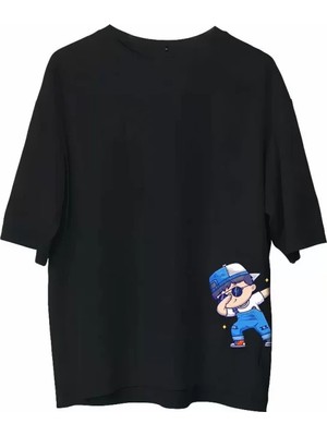 Marsilyan Unisex Bisiklet Yaka Baskılı Oversize T-Shirt - Siyah