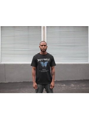 Marsilyan Unisex Bisiklet Yaka Baskılı Oversize T-Shirt - Siyah