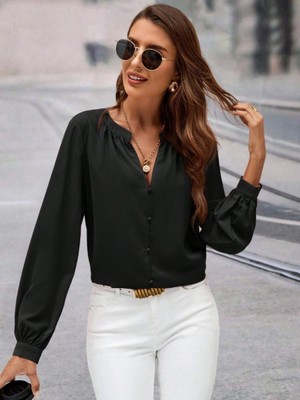 Marsilyan Kadın Uzun Kollu Önden Düğmeli Hakim Yaka Ithal Krep Bluz
