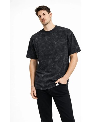 Marsilyan Erkek Asit Yıkama Bisiklet Yaka Kısa Kollu Oversize T-Shirt Tişört - Siyah