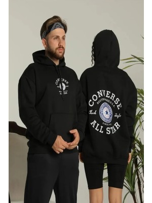 Marsilyan Erkek Sırt Baskılı Oversize Üç Iplik Kapüşonlu Hoodie Sweatshirt - Siyah