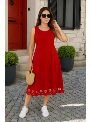 Marsilyan Kadın Kolsuz Etek Ucu Lazer Kesim Çiçek Desenli Midi Boy Ithal Krep Elbise