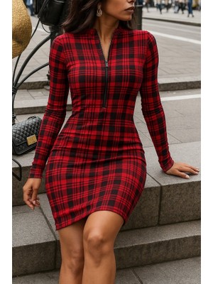 Etiler Collection Kadın Uzun Kollu Fermuarlı Ekose Baskılı Dalgıç Elbise