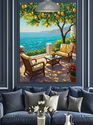 PremiumPort Limon Ağacı ve Deniz Manzaralı Dekoratif Kanvas ve Mdf Tablo