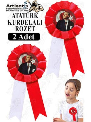Artlantis Atatürk Kurdelalı Rozet 2 Adet Kırmızı Beyaz Yaka Rozeti Çocuk Bayram Etkinlik 15 cm Kokart
