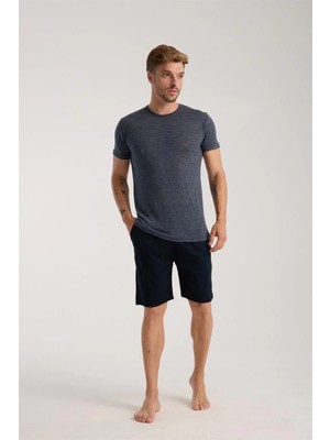 Marsilyan Erkek Lacivert Sıfır Yaka Kısa Kol Şortlu Pijama Takımı