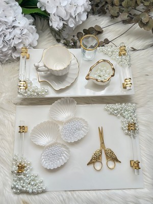 Epoksi Tepsi Incili Nişan Tepsi Seti 8 Parça Gold