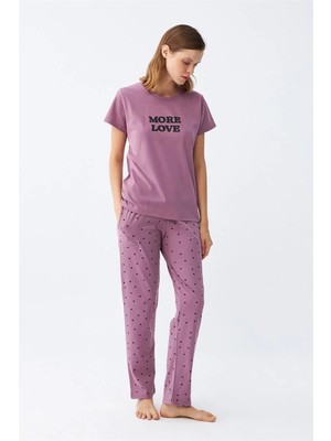 Marsilyan Kadın Mor Yıldız Desenli Penye Kısa Kol Pijama Takımı