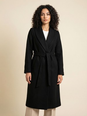 Okka Moda Kadın Siyah Kuşaklı Astarlı Cepli Uzun Oversize Kaşe Kaban