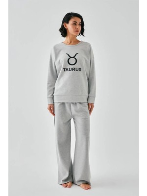 Marsilyan Kadın Gri Boğa Burcu Oversize 2 Iplik Eşofman Ev Giyim Takımı