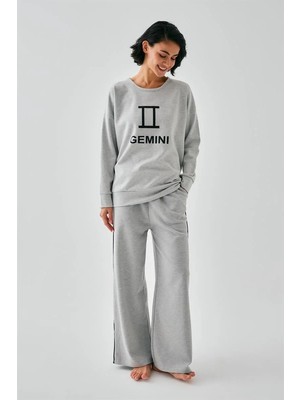 Marsilyan Kadın Gri Ikizler Burcu Oversize 2 Iplik Eşofman Ev Giyim Takımı