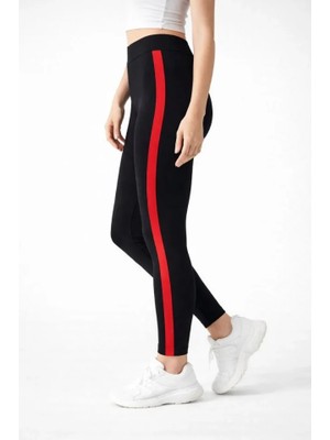 Marsilyan Likralı Yan Kırmızı Şeritli Detaylı Tayt - Siyah