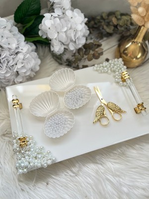 Epoksi Tepsi Nişan Tepsisi Seti Incili 4 Parça Gold