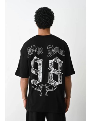 Marsilyan Unisex Baskılı Oversize T-Shirt - Siyah